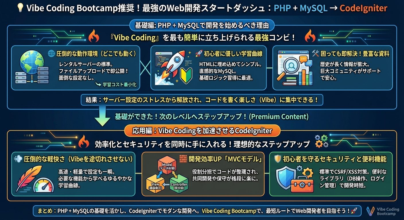 💡 Vibe Coding Bootcamp推奨！ PHP（CodeIgniter4） + MySQLで開発を始めるべき理由